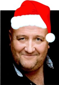 Comedy actor Steve Speirs in a Christmas hat